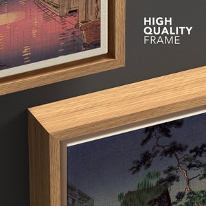 May include: Two framed prints with a wood frame. The top print is a Japanese style landscape with a pink and blue color scheme. The bottom print is a night scene with a dark blue sky and a pine tree in the foreground. The text "HIGH QUALITY FRAME" is visible in the top right corner of the image.