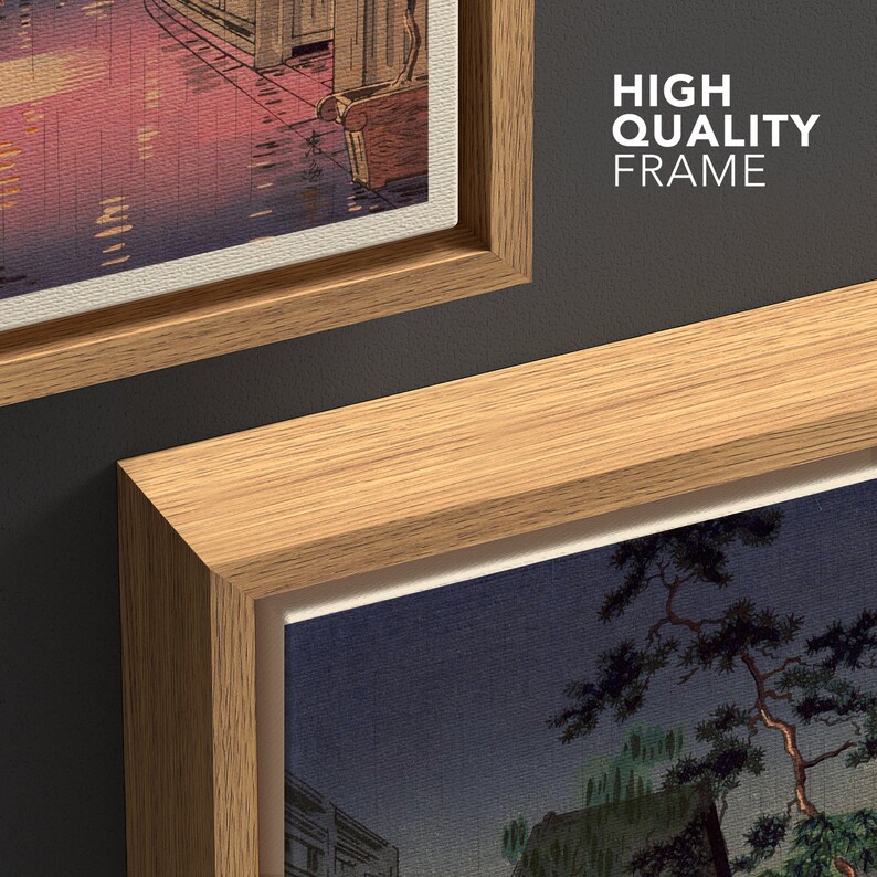 May include: Two framed prints with a wood frame. The top print is a Japanese style landscape with a pink and blue color scheme. The bottom print is a night scene with a dark blue sky and a pine tree in the foreground. The text "HIGH QUALITY FRAME" is visible in the top right corner of the image.