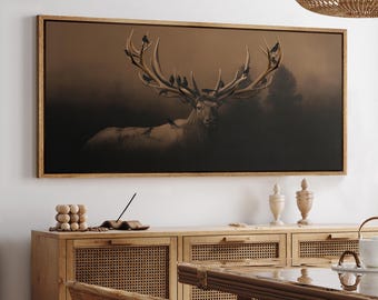 Majestic Deer & Ravens Wall Art, Large Framed Dark Forest Wildlife Canvas Print, Mysterious Woodland Animal Decor for Living Room or Bedroom