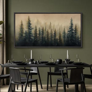 Large Framed Misty Pine Tree Forest Wall Art, Moody Green Woodland ...