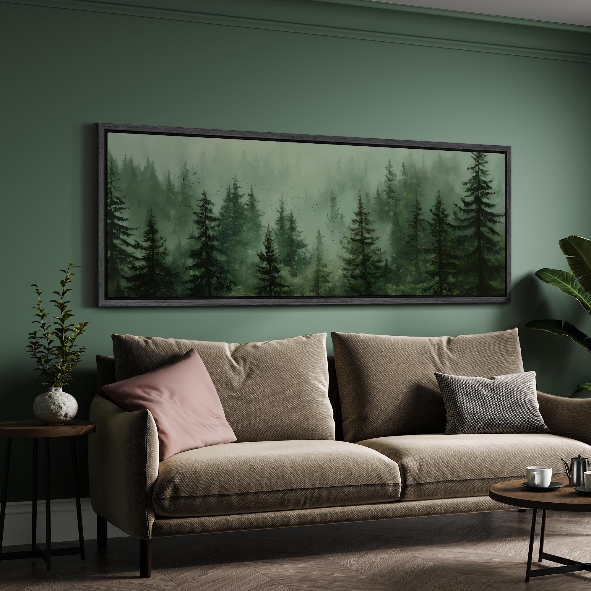 Misty Forest Wall Art - Large Framed Dark Green Pine Tree Canvas Print ...