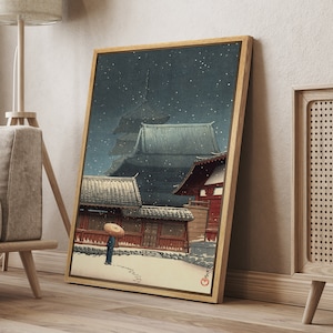 DustinWay Framed Canvas Print Wall Art Ukiyo-E Woodblock Tennoji Temple in Osaka by Hasui Kawase Japanese Art Vintage Decor
