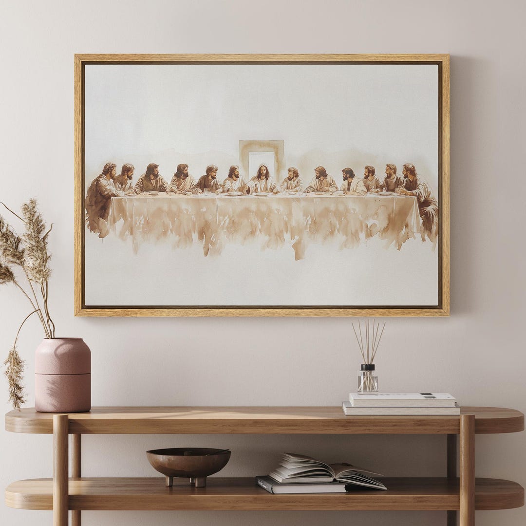 Framed Canvas Wall Art Print Jesus The Last Supper Art Poster Minimalist Modern Vintage Jesus Christian Farmhouse Wall Art Decor - 24"H x 36"W x 1.5"D, NATURAL