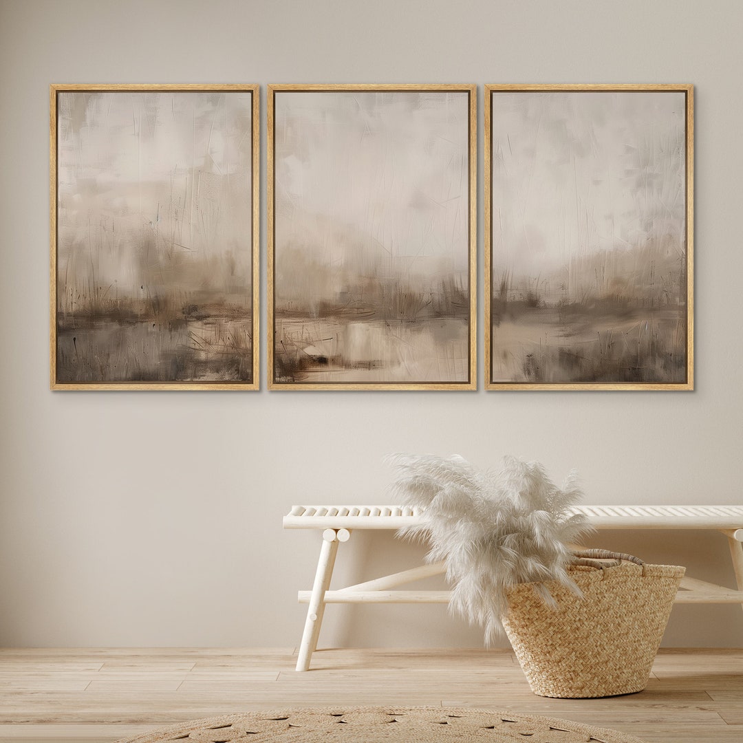 Framed Canvas Wall Art Set of 3 Abstract Beige Art Print Minimalist ...