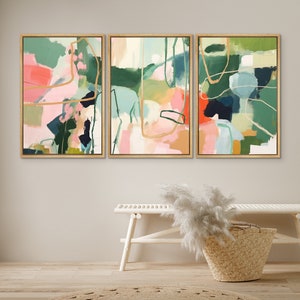 Framed Canvas Wall Art Set of 3 Colorful Abstract Oil Painting Prints Modern Art Minimalist Decor for Living Room