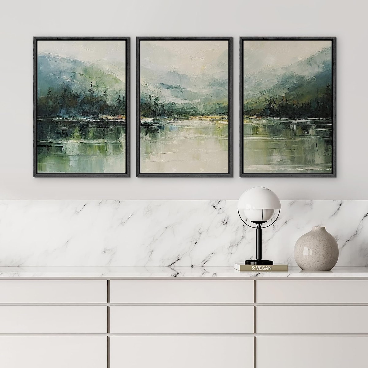 Framed Print Set of 3 Green Mountain Lake Landscape -Black Frame, 16''W - Etsy