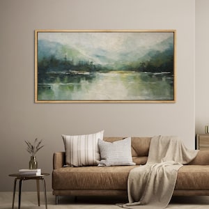 Framed Canvas Wall Art Sage Green Watercolor Mountain Forest Landscape Lake Neutral Panoramic Large Wall Art Living Room
