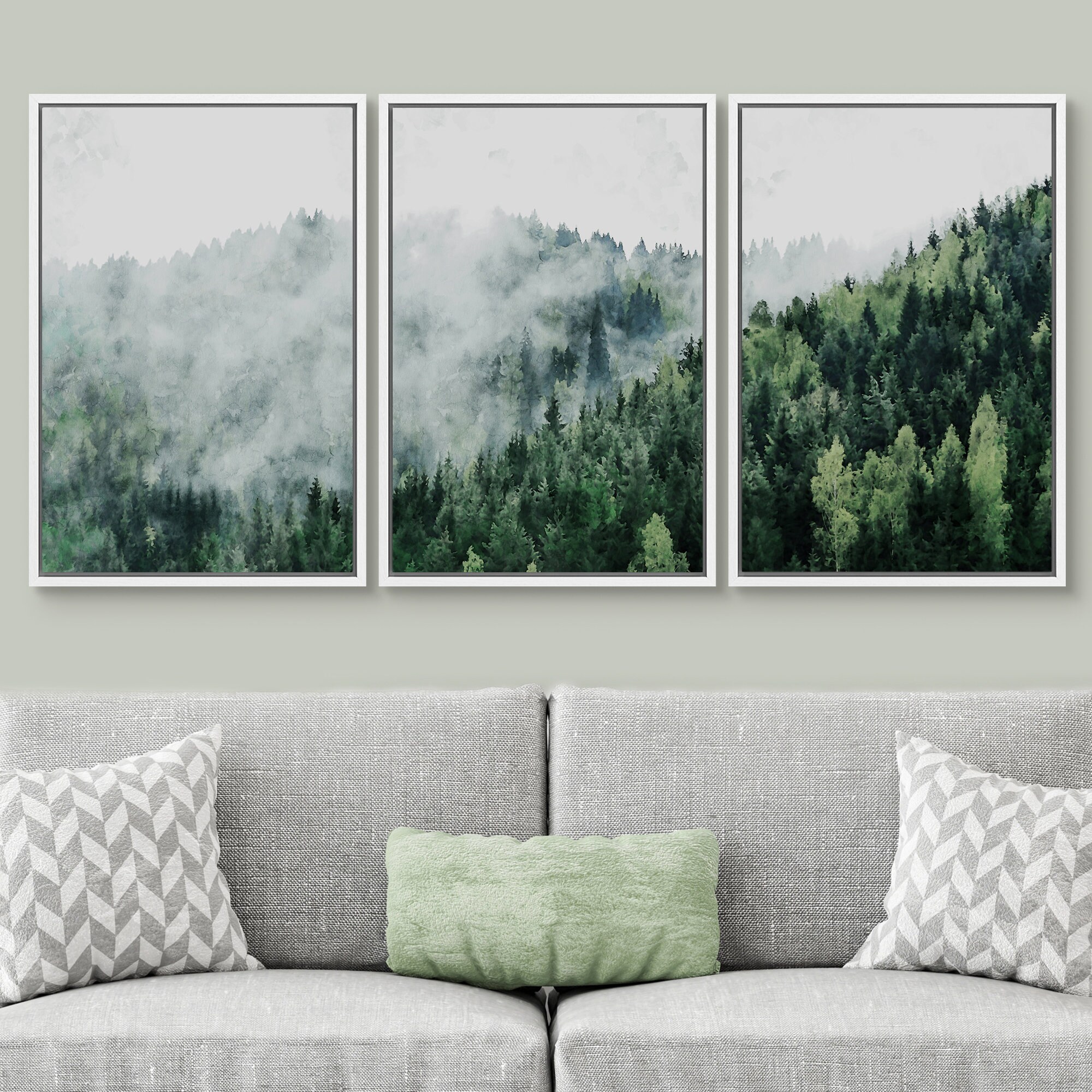Dustinway Framed Canvas Print Wall Art Set of 3 Watercolor Green Forest ...