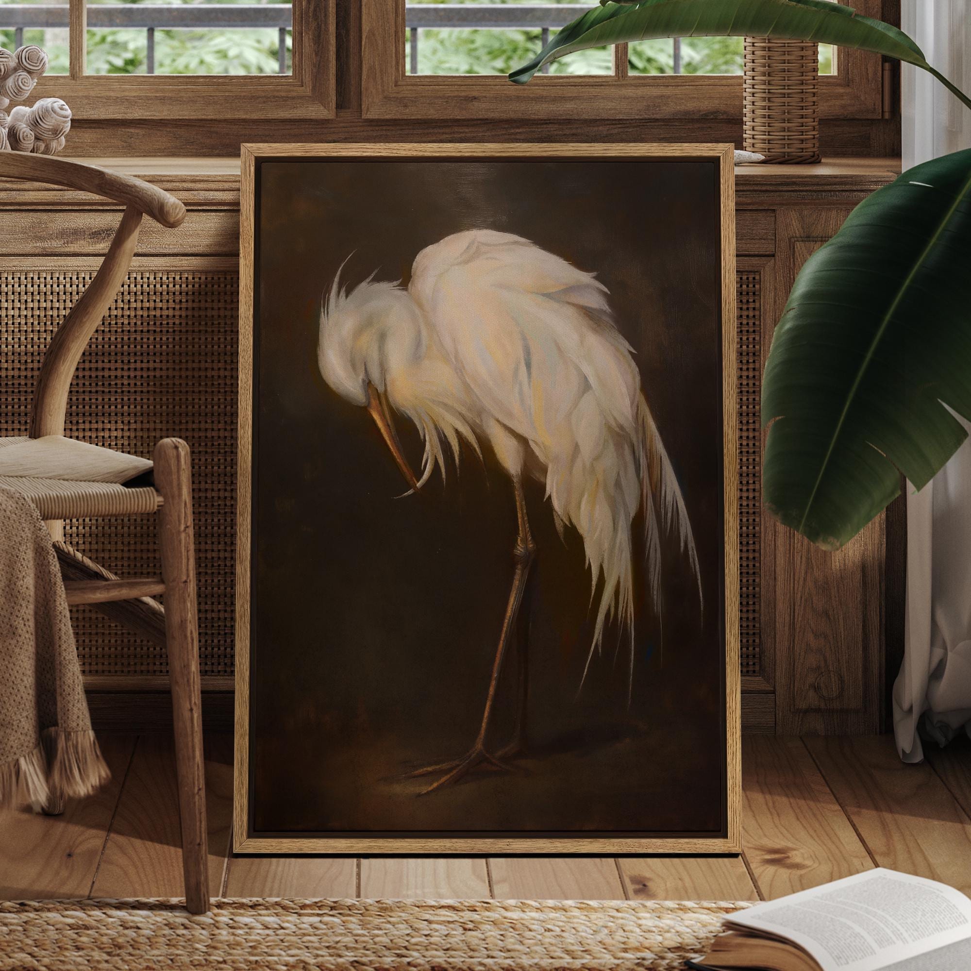 Vintage Egret Wall Art - Framed White Bird Canvas Print, Elegant Wildlife Painting on Dark Background for Living Room or Study Decor