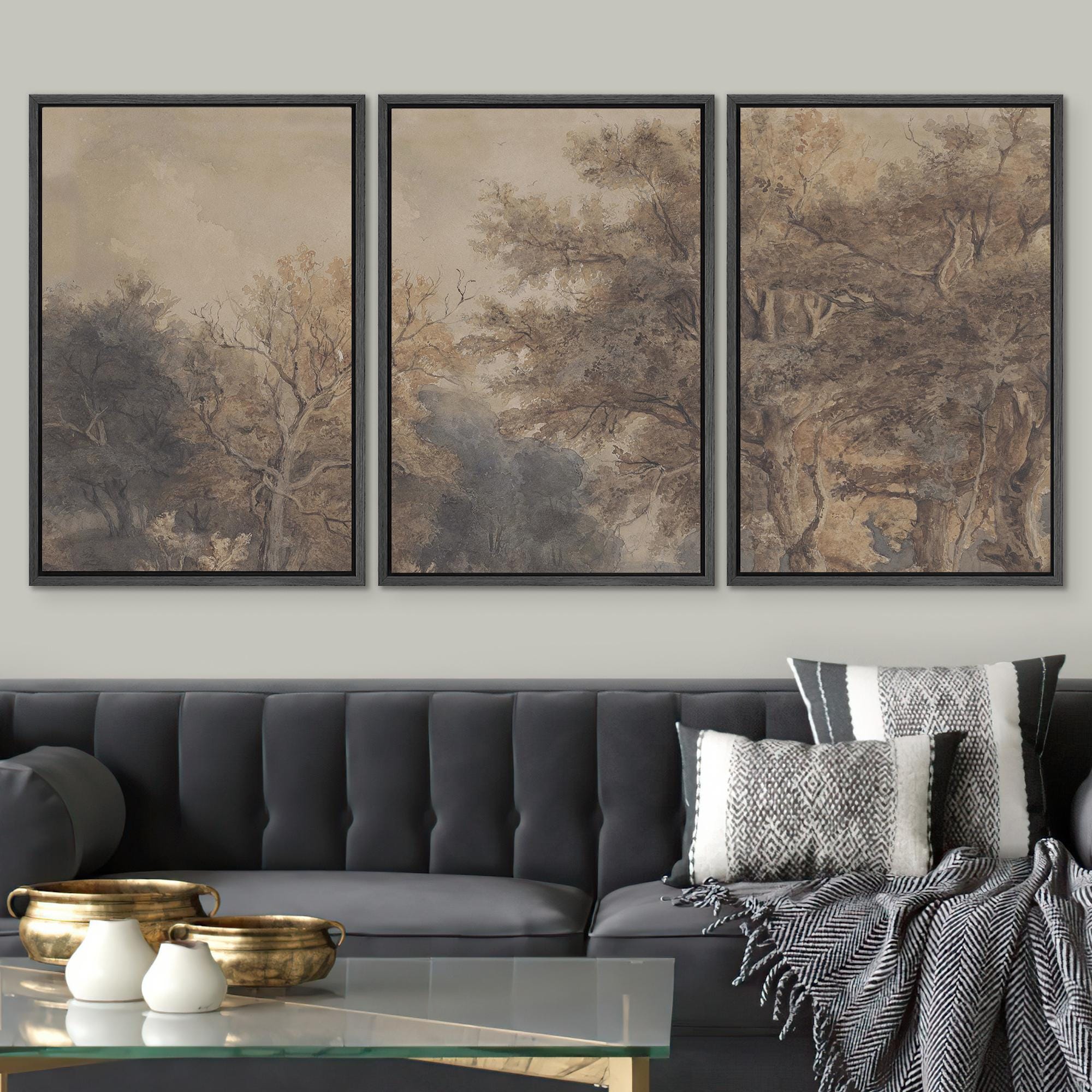 Vintage Forest Wall Art Set of 3 - Framed Landscape Canvas Prints