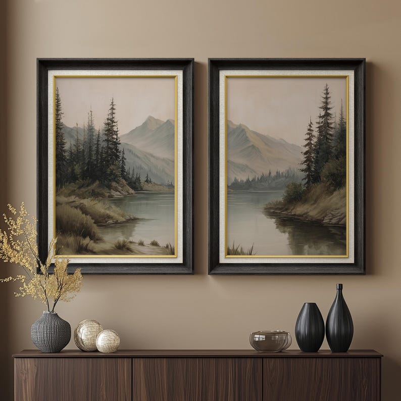 Framed Lake Mountain Landscape Wall Art Set of 2, Pine Tree Forest ...