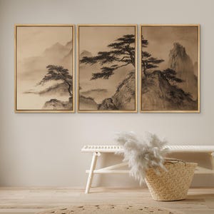 Large Framed Asian Mountain Pine Tree Wall Art Set of 3, Chinese Ink ...
