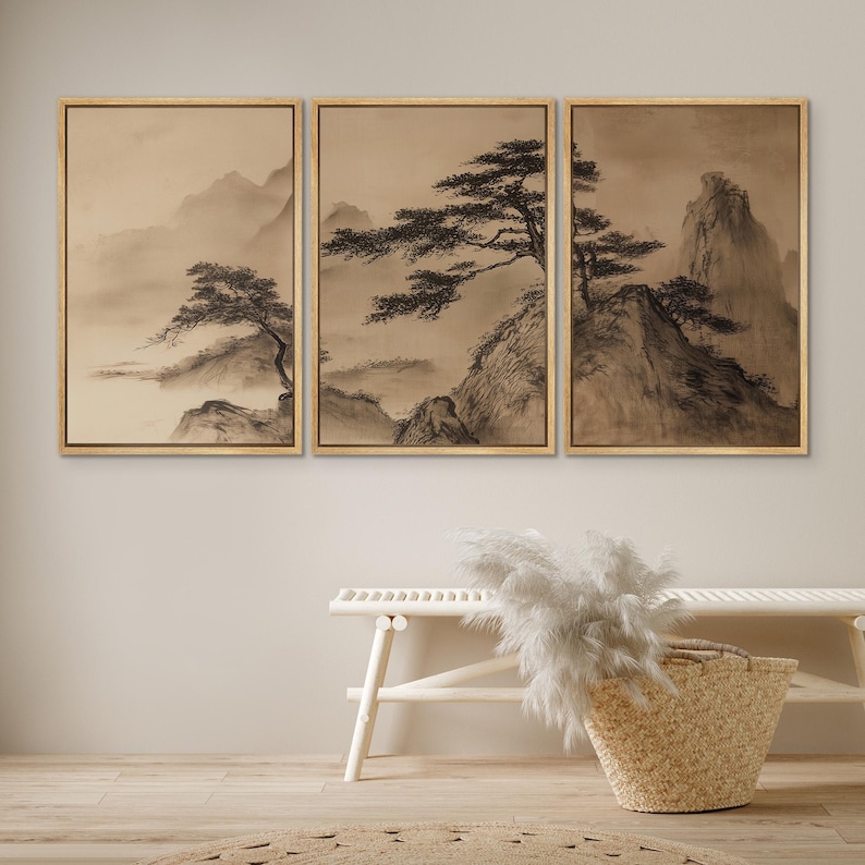 Large Framed Asian Mountain Pine Tree Wall Art Set of 3, Chinese Ink ...