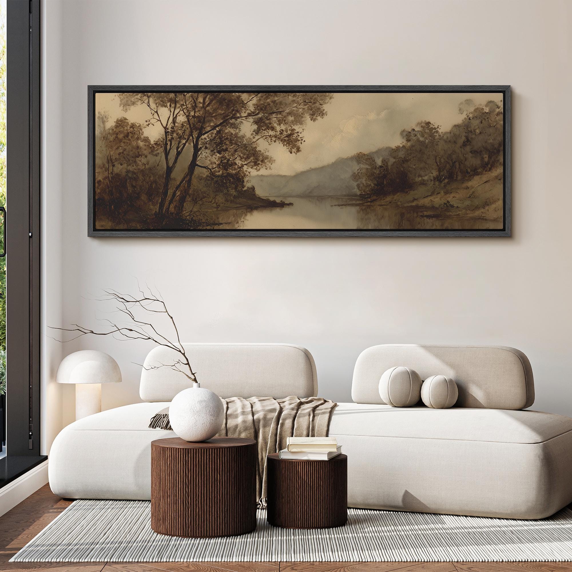 Large Framed Vintage River Landscape Wall Art, Misty Mountain Lake ...