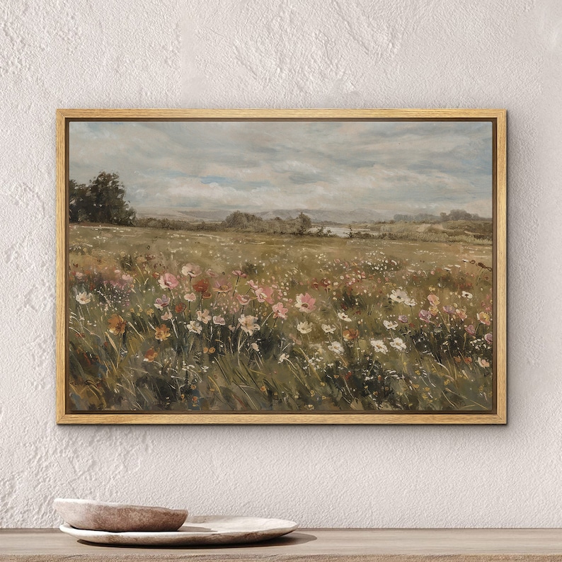 Large Wall Art Framed Canvas Wildflower Field Vintage Landscape Prints Botanical Floral Panoramic Wall Art Living Room Decor