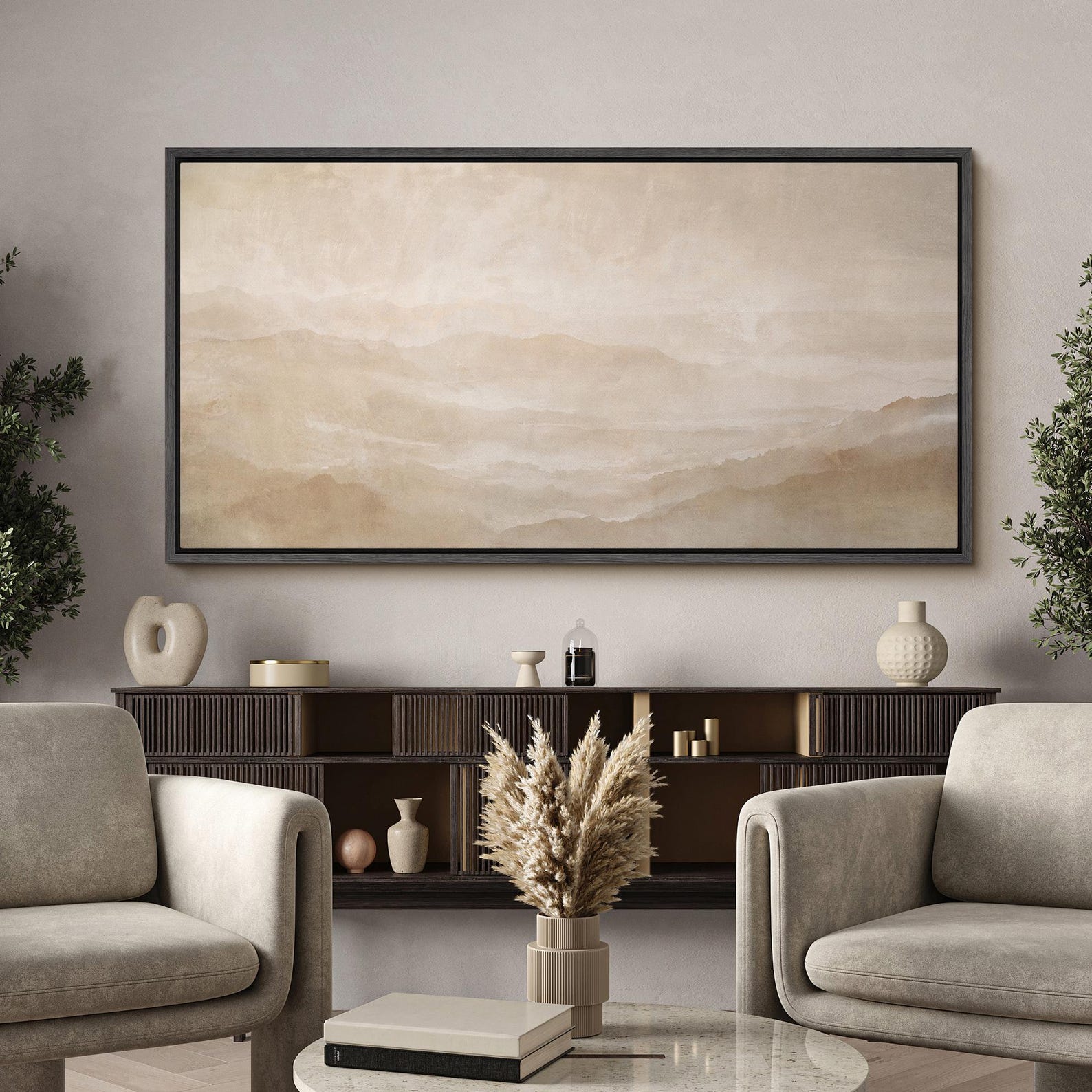 Neutral Mountain Landscape Wall Art, Large Framed Beige Minimalist ...