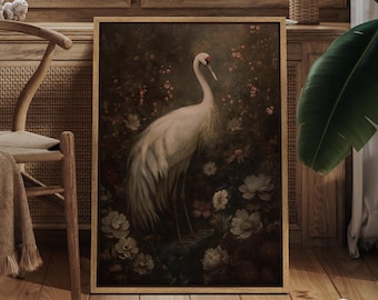 Vintage Crane & Floral Wall Art - Framed Botanical Garden Canvas Print, Elegant White Bird Painting, Victorian or Classic Living Room Decor