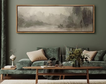 Framed Canvas Large Wall Art Prints Misty Forest Landscape Neutral Wall Art Minimalist Modern Panoramic Wall Art Living Room Decor