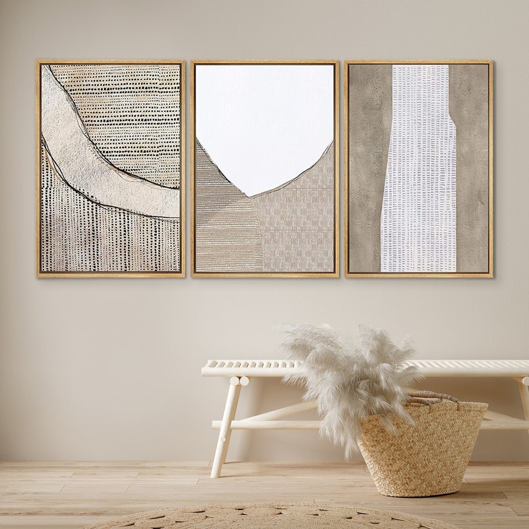 Dustinway Framed Canvas Print Wall Art Set of 3 Tan White Wave Mosaic ...