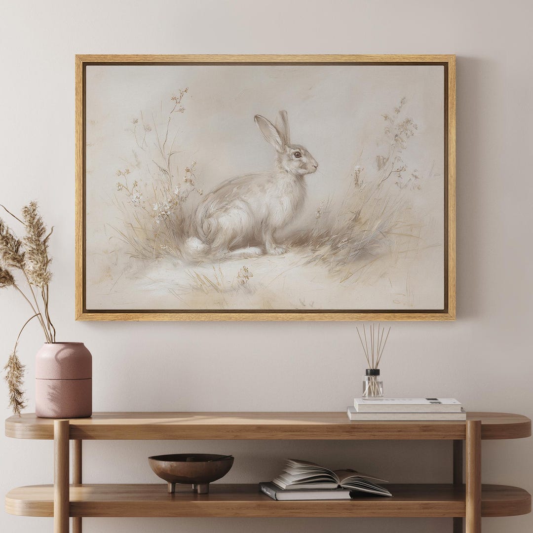 Framed Rabbit Wall Art, Vintage Bunny Canvas Print, Neutral Woodland ...