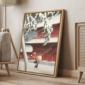 DustinWay Framed Canvas Print Wall Art Ukiyo-E Walking by a Temple on a Snowy Day by Hasui Kawase Japanese Art Vintage Decor