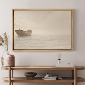 Minimalist Rowboat Wall Art - Framed Serene Lake Landscape, Misty Water Canvas Print in Neutral Tones, Tranquil Cottage or Cabin Decor