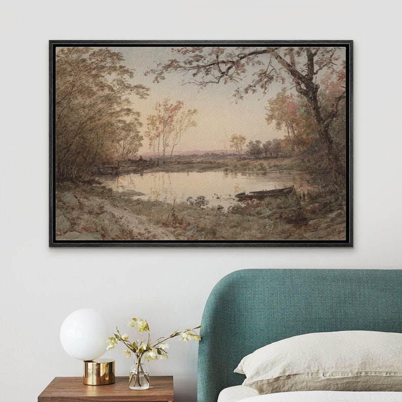 Dustinway Framed Canvas Print Wall Art Muted Autumn Pond Landscape ...