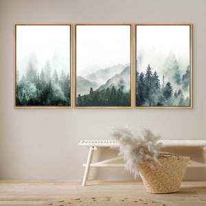 DustinWay Framed Canvas Print Wall Art Set of 3 Green Forest Mountain Photography Modern Art Minimalist Nature Decor