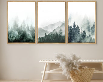 DustinWay Framed Canvas Print Wall Art Set of 3 Green Forest Mountain Photography Modern Art Minimalist Nature Decor