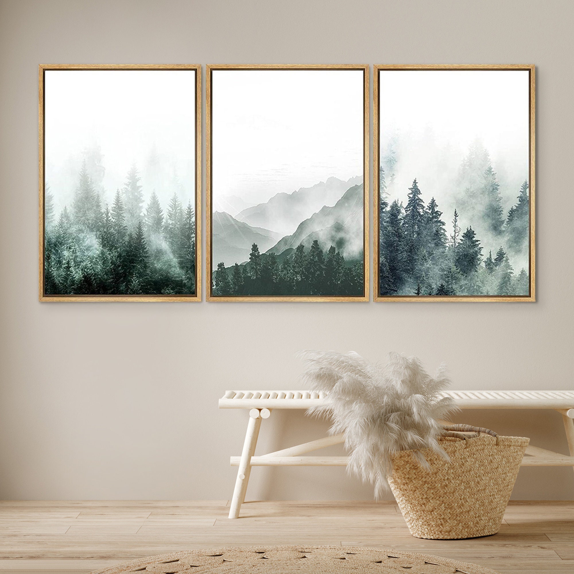 Dustinway Framed Canvas Print Wall Art Set of 3 Green Forest Mountain ...
