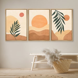 DustinWay Framed Canvas Print Wall Art Set of 3 Sun Leaf Abstract Illustrations Mid Century Modern Art Boho Decor