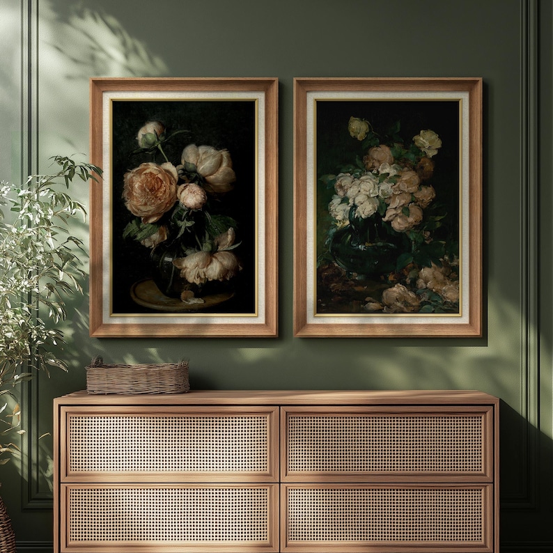 Framed Dark Rose Floral Wall Art Set of 2, Vintage Still Life Flower ...