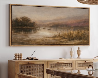 Arte mural con paisaje de lago vintage enmarcado grande, lienzo con paisaje ribereño en tonos neutros y melancólicos, decoración rústica de granja.