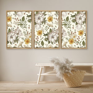 Framed Canvas Wall Art Print Set of 3 Wildflower Floral Botanical Print Mid Century Modern Boho Wall Decor