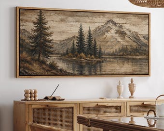 Large Rustic Mountain Lake Framed Wall Art, Vintage Pine Tree Forest Landscape Canvas Print, Rustic Cabin Lodge Decor