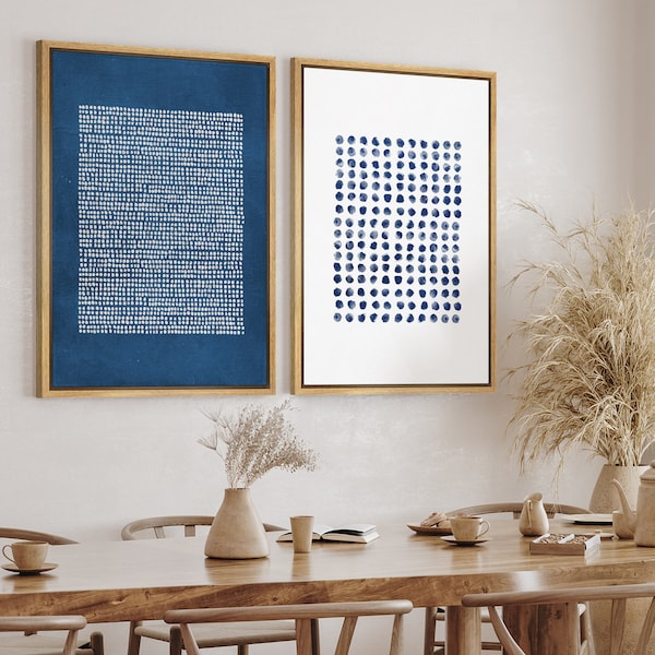 DustinWay Framed Canvas Print Wall Art Set of 2 Navy Blue White Geometric Dot Collage Abstract Illustration Modern Art Minimalist Decor