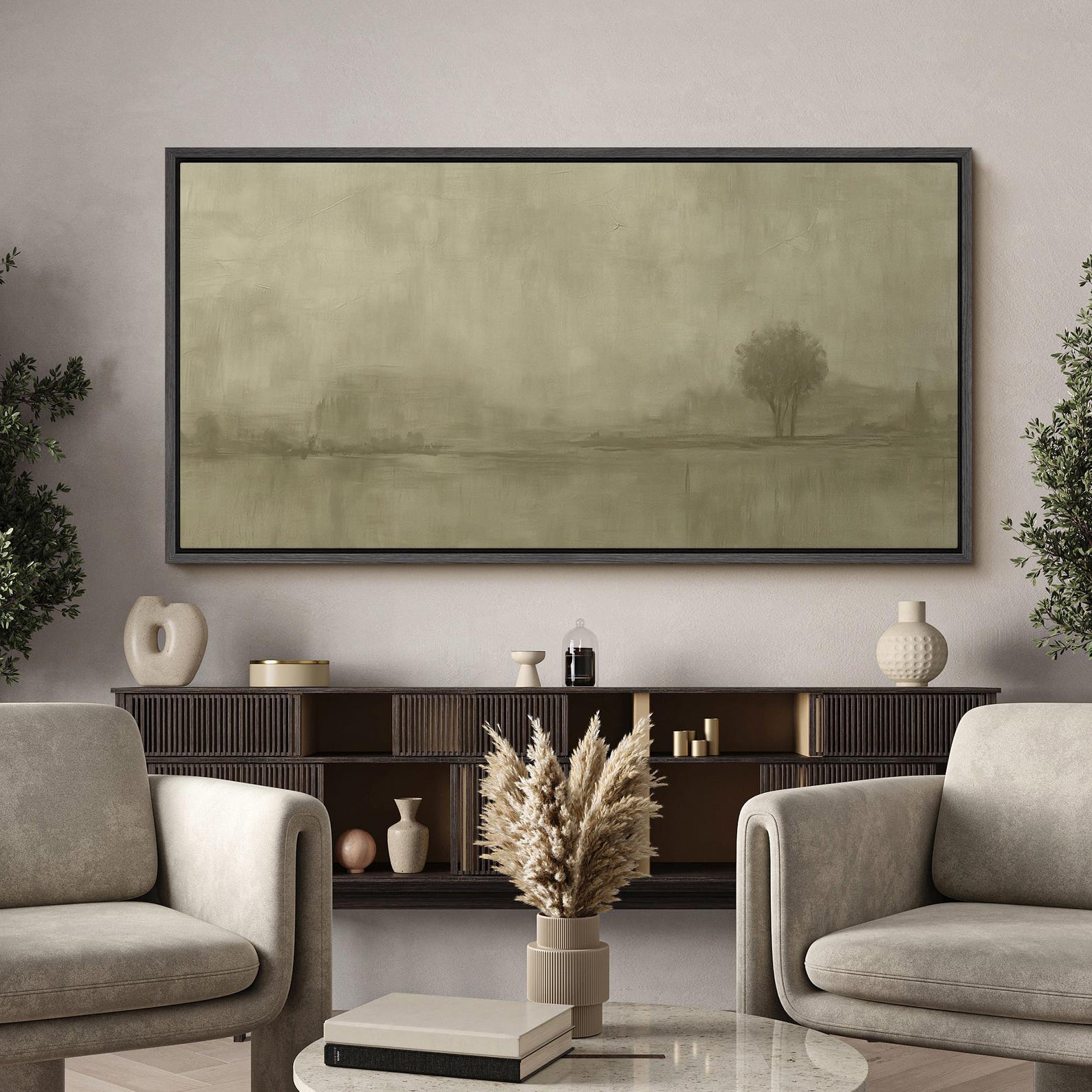 Minimalist Abstract Landscape Wall Art, Large Framed Neutral Foggy Tree ...