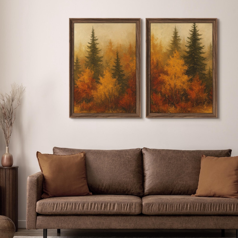 Framed Autumn Forest Wall Art Set of 2, Fall Pine Tree Landscape Prints ...