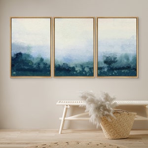 DustinWay Framed Canvas Print Wall Art Set of 3 Blue Abstract Landscape Modern Art Minimalist Decor