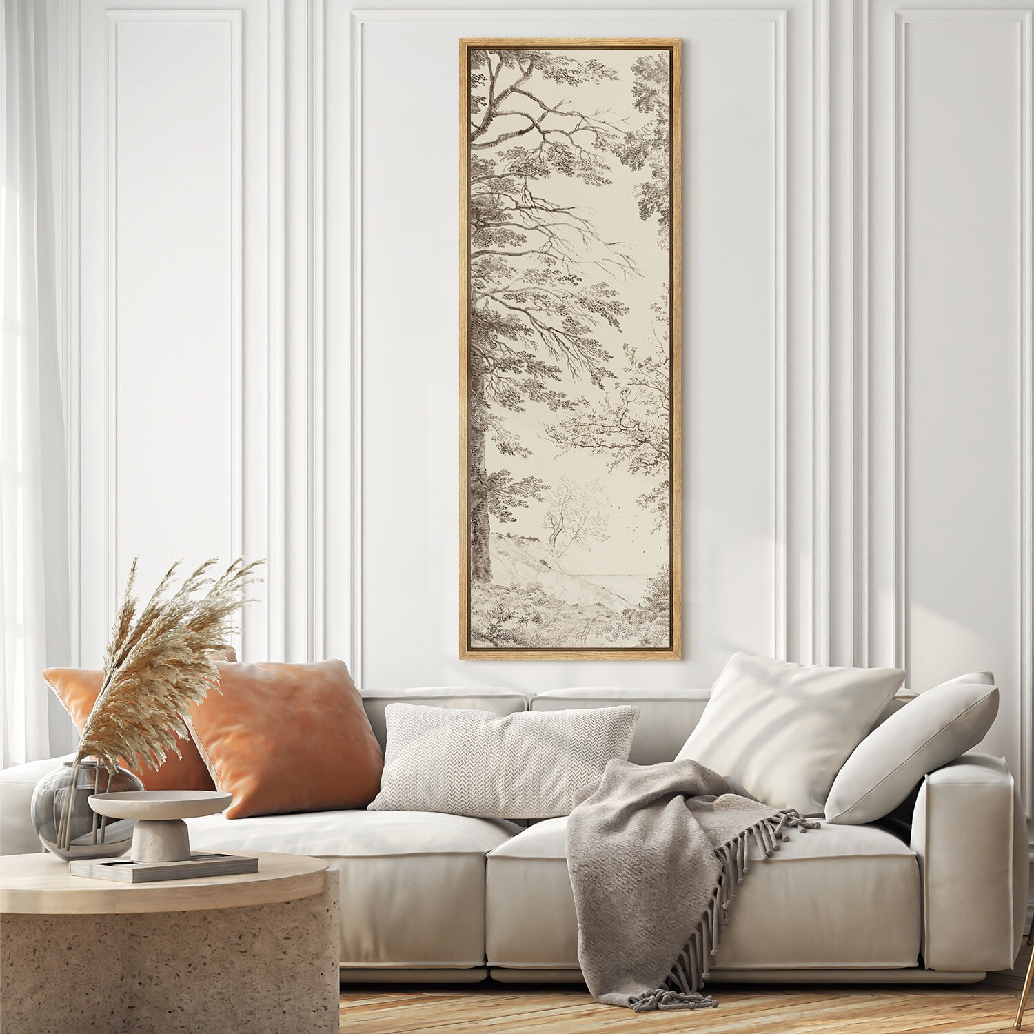 Large Wall Art, Sketch Plant Tree Forest Art, Long Narrow Vertical