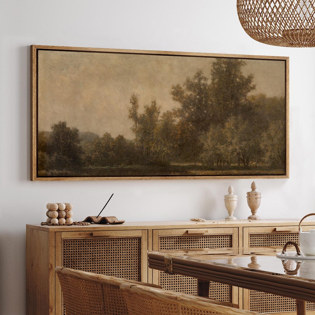 Autumn Woodland Landscape Wall Art, Large Framed Vintage Neutral