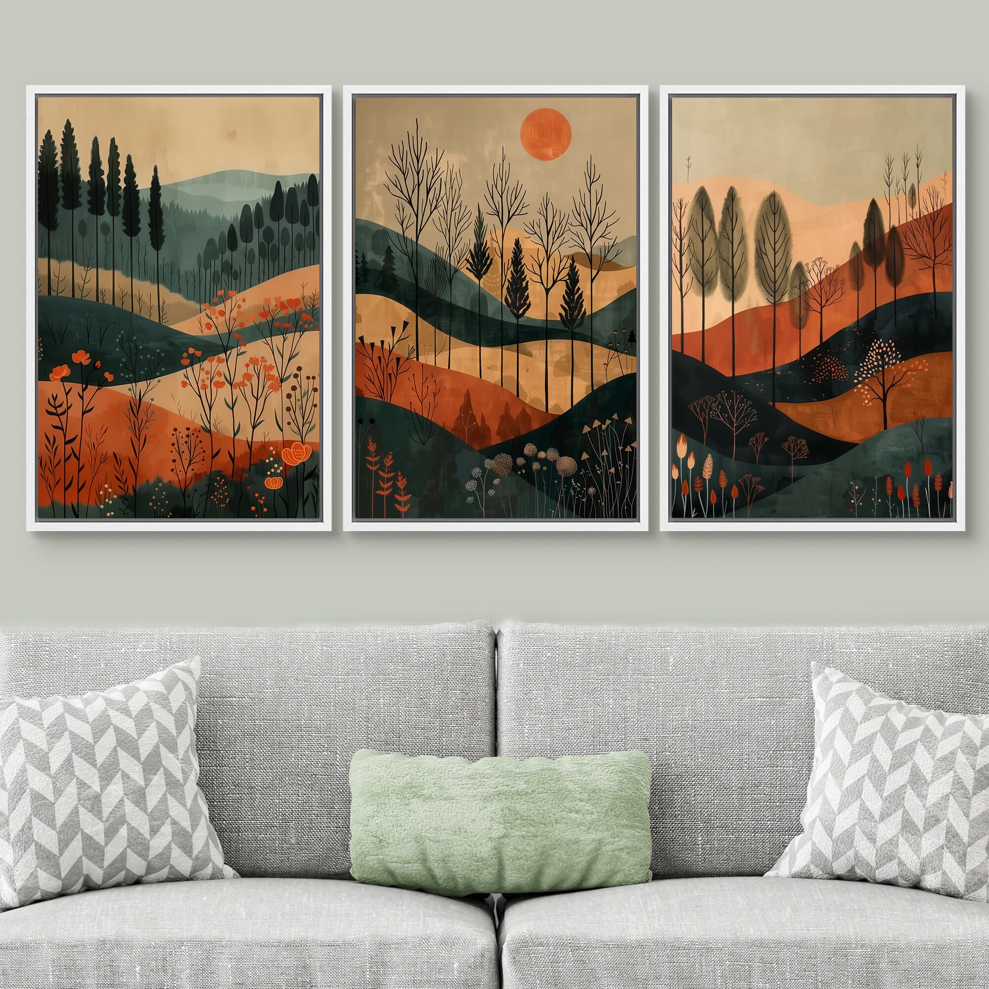 Tinonedraw Boho Mountain Framed Canvas Wall Art Set, Mid Century Modern Geometric Line Wall Decor, Bohemian Sun And Moon Art Paintings