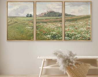 DustinWay Framed Canvas Print Wall Art Colorful Wildflower Field Landscape Vintage Art Modern Farmhouse Wall Decor
