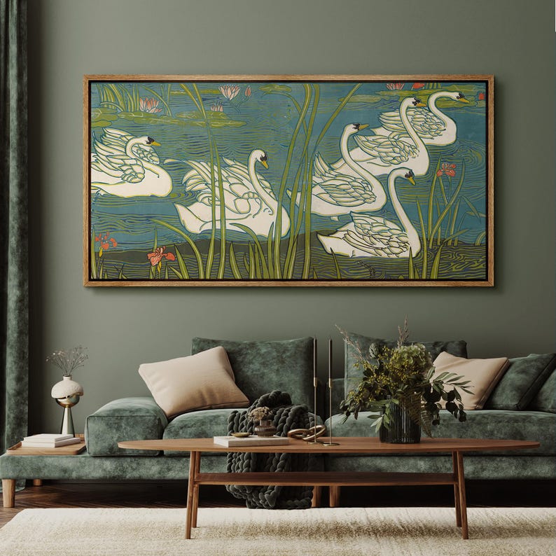 Art Nouveau Swan Lake Wall Art - Large Framed White Swans & Water ...