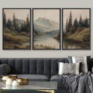 Large Framed Vintage Mountain Landscape Wall Art, Calm Lake Pine Tree ...