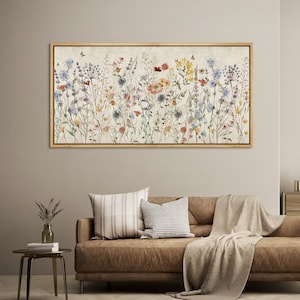 Large Wall Art Framed Canvas Prints Abstract Botanical Floral Wildflower Filed Horizontal Art Print Vintage Wall Art Living Room Decor