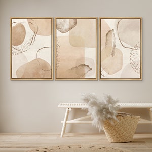 Framed Canvas Print Wall Art Set of 3 Abstract Beige Brown Geometric Art Prints Minimalist Modern Neutral Wall Art Farmhouse Decor