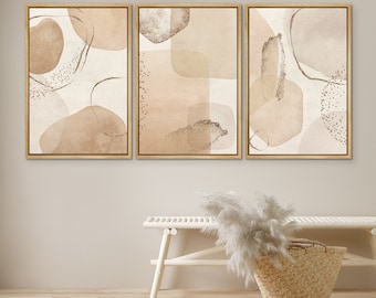 Framed Canvas Wall Art Set of 3 Geometric Beige Spiral Wave Mid Century ...
