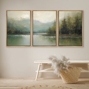 DustinWay Framed Canvas Print Wall Art Set of 3 Emerald Green Pastel Pine Tree Forest Lake Landscape Minimalist Modern Art Nature Wall Decor