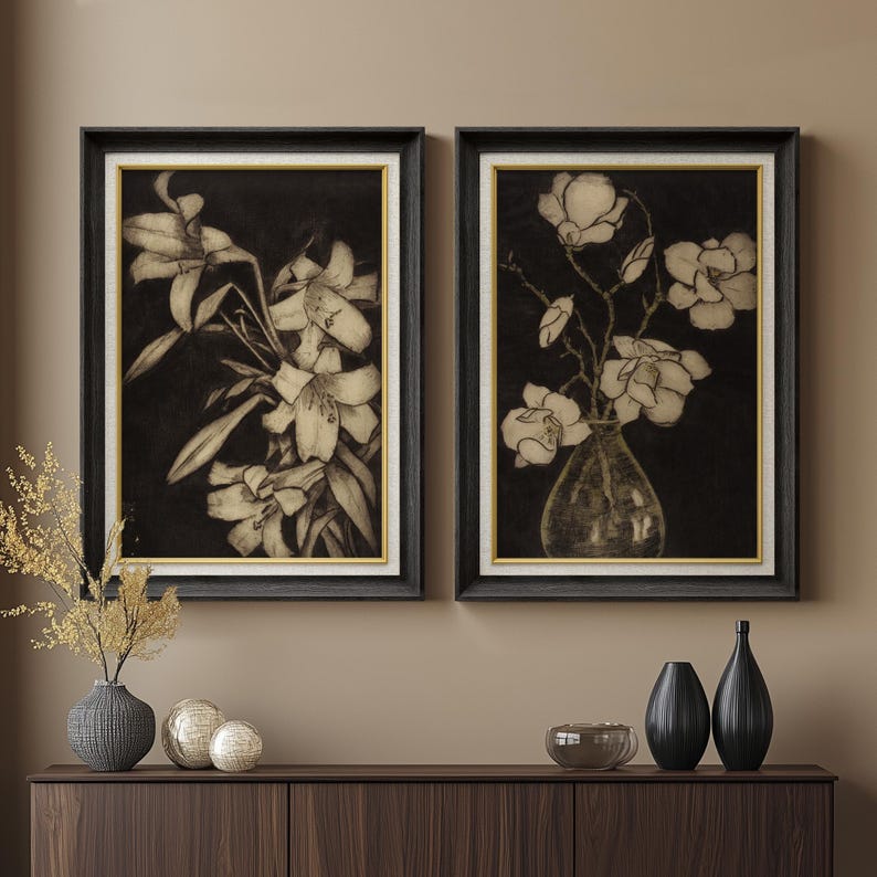 Framed Dark Floral Wall Art Set of 2, Vintage Botanical Flower Prints ...